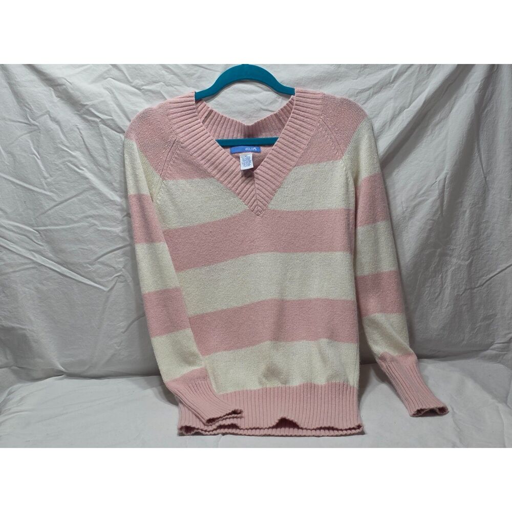 Y2K dELiA*s Pastel Pink Cream Wide Stripe V-Neck Long Sleeve Sweater Size S